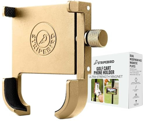 Stripebird - Original Magnetic Golf Cart Phone Holder (Gold) - Cell Phone Holder Golf Cart with Neodymium N52 Magnets - Golf Caddy - Golf Cart Phone Mount for iPhone, Samsung & Others