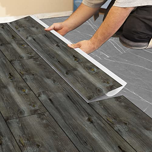 PVC Bodenbelag Selbstklebend Fliesen,Holzoptik Bodenfliesen Fliesenaufkleber Renovierung Wasserdicht für Küche Wohnzimmer Möbel Bad 15X90CM-1,35m² Schwarzes Eisen Magnolie