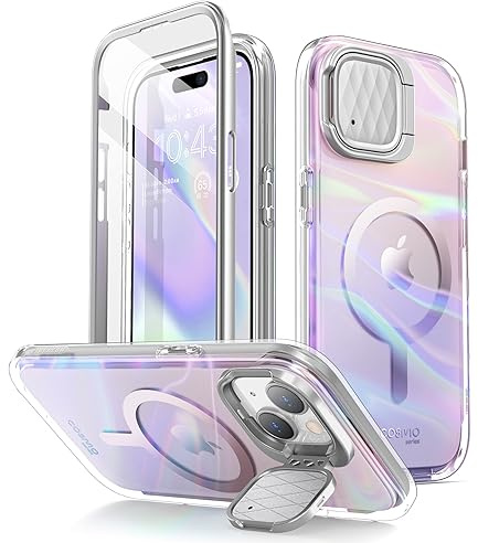 i-Blason Cosmo Mag for iPhone 15 Case/iPhone 14/13 Case [6.1''] with Camera Cover Stand, [MagSafe Compatible] Slim Stylish Full-Body Protective Case with Built-in Screen Protector (PinkWave)