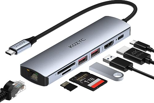 USB C Hub 10Gbps, KOZYC 7 in 1 Dock Station USB C to HDMI 4K@60Hz, 1Gbps Ethernet, 100W PD, 2 USB 3.2 Gen2 10Gbps Data, SD/TF Card Slots Port Compatible mit MacBook Air/Pro, XPS13/15, Dell