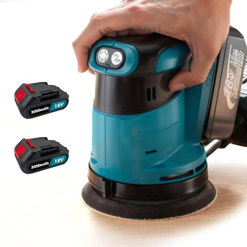Cordless Random Orbital Sander, Sanders for Wood with Dust Collector 6-Speed 125mm Sanding Pad 18v 3.0ah Battery,Brushless Motor Circular Rotary Detail Sander Hand Held Sanding Machine - 2pcs Battery