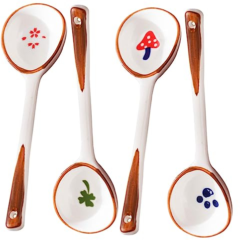 GOOHOCHY Juego de cucharas de 4 piezas cuchara grande linda cuchara ramen cuchara de regalo cuchara de mezcla cuchara de China oriental cucharas de mango largo cerámica cucharón redondo portátil