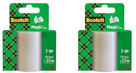 Scotch Magic Tape - 3 Rollen, 19 mm x 25 m - Unsichtbares Klebeband, zum Verpacken von Weihnachtsgeschenken, Beschriften von Weihnachtskarten - ein unverzichtbares Weihnachtszubehö (Packung mit 2)
