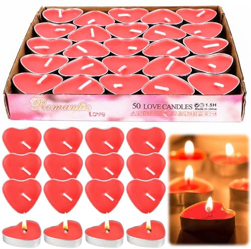 RUNEAY Herz Teelichter Rot 50 Stück - Romantische Kerzen Deko für Valentinstag, Verlobung, Heiratsantrag und Marry Me