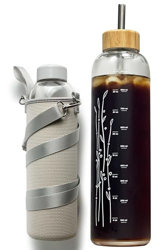 drinmoaer Bouteilles d'eau en verre de motivation avec 2 couvercles – Bouteille d'eau de sport avec manchon en néoprène et sangle réglable (couvercle en plastique blanc et couvercle en bambou avec