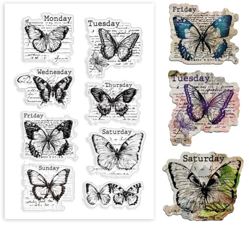 PH PandaHall Transparente Stempel, Schmetterling, Wochenetikett, Vintage, Silikonstempel, transparent, Stempel aus Gummi, für die Herstellung von Papier, handgefertigt
