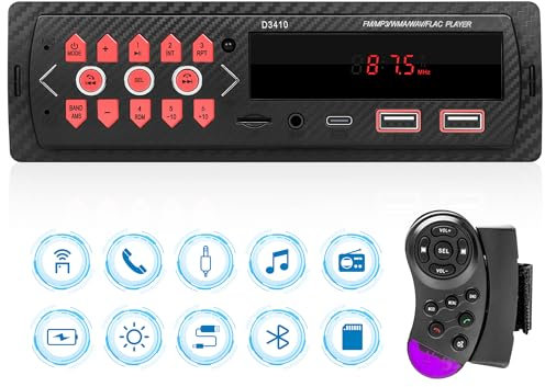 Rimoody Radio de Coche 1 DIN Bluetooth Radio de Coche con Bluetooth Manos Libres FM Radio/Tipo C/2 USB/TF/Aux/RCA Reproductor MP3 con Mando a Distancia en el Volante Receptor de Estéreo Carga Rápida