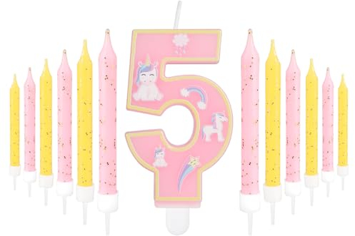 Einhorn-Kerze zum 5th Geburtstag für Mädchen, 5th Geburtstag, Dekoration Einhorn-Geburtstag Zahl 5 Kerze für Kuchen, rosa Kerzen Kuchenaufsatz für Einhorn-Thema, rosa Geburtstagsparty-Zubehör