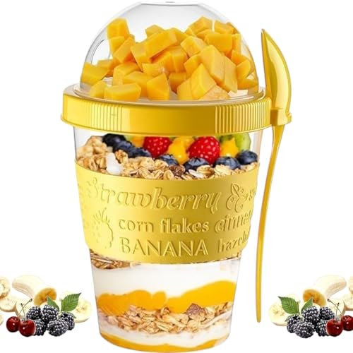 Pro Home Yogurt Pot With Spoon & Lid 20oz/600ml BPA Free Reusable Airtight Dishwasher Safe On The Go Yoghurt Pots Muesli Cereal Cup Containers Overnight Oats Jar Storage (Yellow)