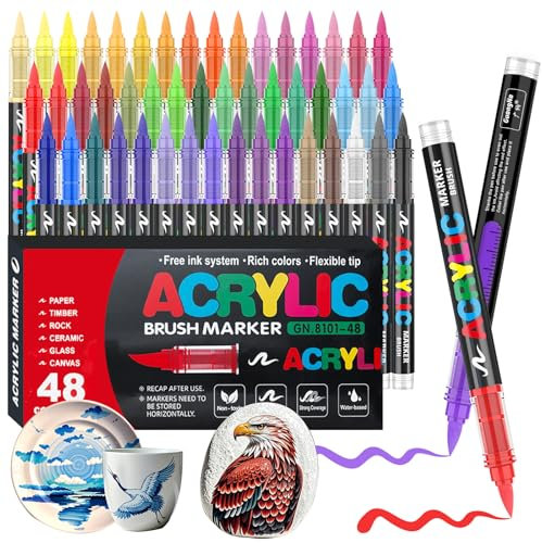 Acrylic Paint Pens, 48 Colors Direct Liquid Acrylic Marker Pens with Flexible Brush Tip, Glass Paint Pens for Rock Painting, Ceramic, Wood, Glass