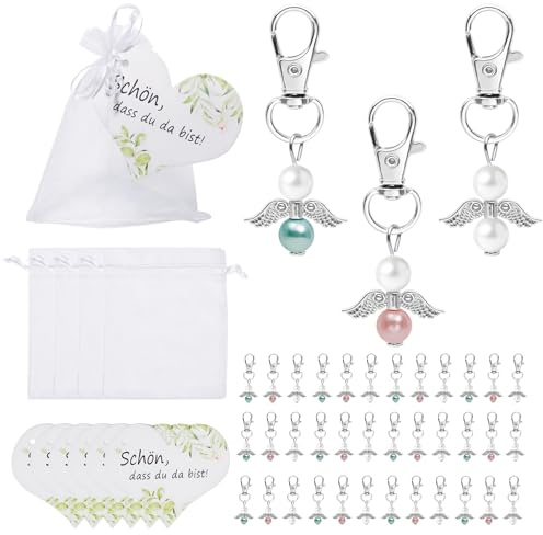 LUBOXIN 36 Sets Schutzengel Anhänger Gastgeschenke Taufe Anhänger Engel | Schlüsselanhänger Schutzengel mit Schön Dass Du Da Bist Anhänger and Organzasäckchen für Hochzeit Kommunion Geburtstag