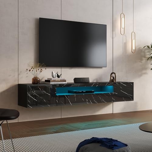 KEEPREAPER Black Marble Floating TV Stand for 55 65 70 75 78 85 inch TV, Entertainment Center with LED Light and Storage Cabinet High Gloss Media TV Console Shelf for Wall for Living Room Bedroom