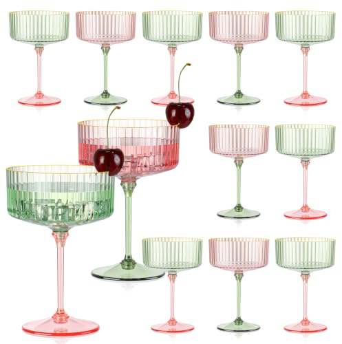 XUWAIDSGN 12 Pcs Champagne Martini Glasses 9 Oz with Gilded Removable Gold Rim Coupe Glasses Pink Martini Glasses Plastic Mimosa Vintage Coupe Glasses Set for Wedding Anniversary (12, Pink & Green)