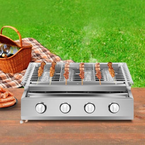 Edelstahl Gasbräter 4-Flammig, Höhenverstellbarer Gasgrill mit Infrarot Keramikbrenner, Reduziert Öldämpfe, Elektronische Zündung, 4 Temperaturregler Tischgrill für Camping, Balkon, Garten, LPG
