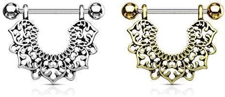 Tapsi´s Coolbodyart® Brustwarzen Nippelpiercing Chirurgenstahl 316L Gold 14 Karat,Silber Vintage Tribal Blüte 2er Set