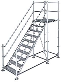 Scafom-rux Feuerverzinkte Bautreppe [10 Stufen | mit Podest] Außentreppe - 2m Höhe, 80cm breit, 45 Grad - Treppe außen, Stahltreppen für Gerüst und Garten - Aussentreppen Stahl - Treppen Bausatz