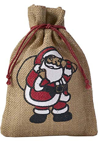 | 3 naturfarbene Jutebeutel, Jutesäcke mit farbigem Weihnachtsmann Motiv, Nikolaus, Geschenkverpackung, Weihnachten, Dekoration, Santa Claus, Geschenk, Advent, Winter, Weihnachtsfest (40x30 cm)