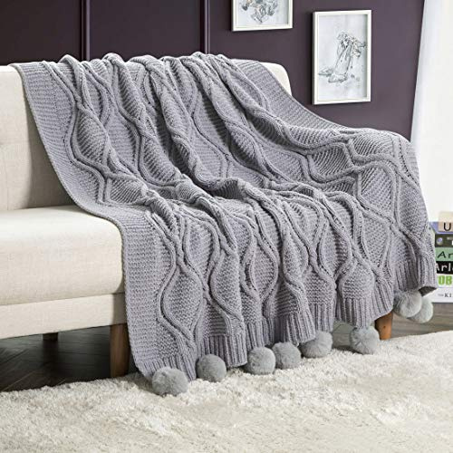 Revdomfly Chenille-Strick-Überwurfdecke mit Bommeln, flauschiger Couchbezug, dekorative Strickdecke für Sofa, Bett, 130 x 160 cm, Grau