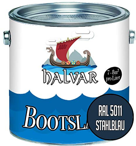 Halvar Bootslack Blau RAL 5000-5024 Yachtlack SEIDENMATT Bootsfarbe PU-verstärkt für Holz & Metall verstärkt extrem belastbar hochelastisch Schiffslackierung (1 L, RAL 5011 Stahlblau)