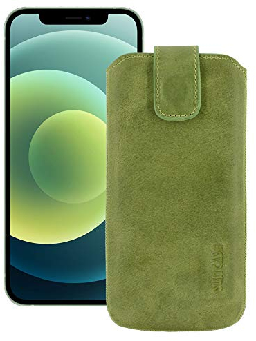 Suncase ECHT Leder Tasche kompatibel mit iPhone 12 (6.1) mit ZUSÄTZLICHER Transparent Hülle | Schale | Silikon Bumper Handytasche (mit Rückzugsfunktion und Magnetverschluss) in antik Kiwi grün