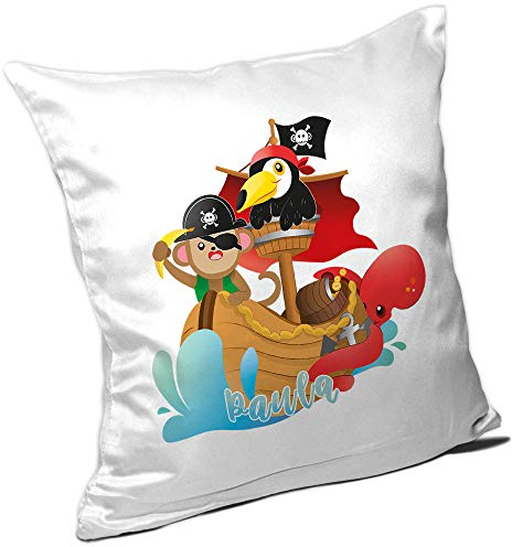 Eurofoto Kissen mit Namen Paula und Tier-Piraten-Motiv für Mädchen | Namenskissen personalisiert | Kuschelkissen | Schmusekissen
