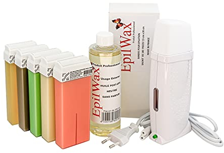 EpilWax - Kit Chauffe Cire Épilation Professionnelle avec 5 x Recharges Roll on Cire Chocolat/Vanille/Rose/Miel/Alèo Vera, 100 x Bandes d'Épilation et Huile après Épilation - Gamme Royal Multi