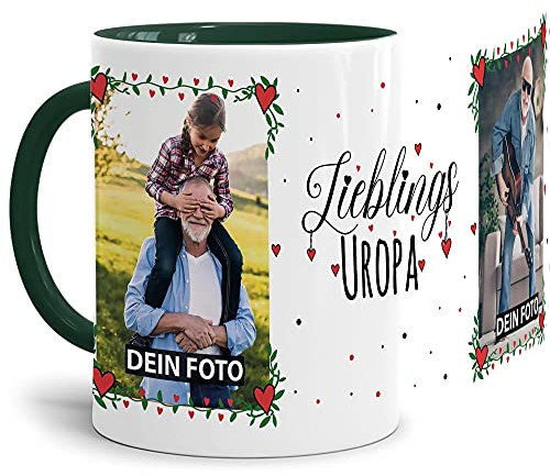 Tasse - Lieblings-Uropa - zum selbst Gestalten mit zwei Fotos - Fototasse für Uropa - Keramik, Innen & Henkel Dunkelgrün, 300 ml