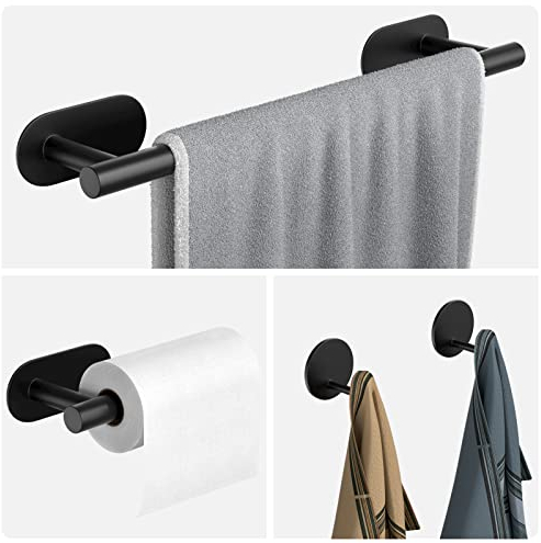 Newaner Porte-Serviettes sans perçage pour Salle de Bain - Noir Mat - Crochet adhésif - Porte-Papier Toilette - Porte-Serviettes - Quatre pièces avec Porte-Serviettes de Bain - Crochet pour Serviette