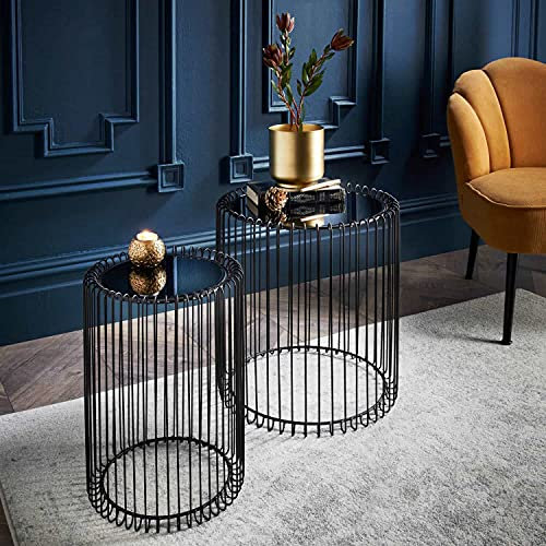 OTZ Round Nesting Coffee side Table glass Set of 2 Black Wireframe Metal Black tempered Glass Top Fully Assembled Side Tables for Living Room