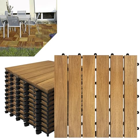 Froadp Baldosas de madera de acacia de 30 x 30 cm, azulejos de terraza y balcón con rejilla de drenaje de plástico, sistema de clic, juego de baldosas de madera, se puede cortar para patio jardín (5