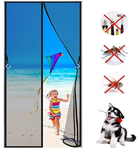 Magnetic Screen Door, 175x225cm, Customizable, Keep Bugs Out, Let Cool Breeze in, Self Sealing Magnets, Heavy Duty Retractable Mesh Net Closure, Curtain Works with Pets, Black