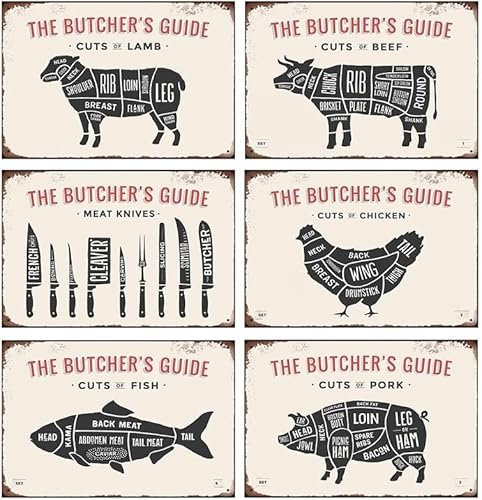 Retro-Metall-Blechschild, 6 Stück, Motiv: Schnitte von Lamm, Rind, Huhn, Fisch, Schwein, Fleisch, Messer, Blechschild, The Butcher's Guide, Aluminium-Metallschild, Vintage-Wanddekoration für Café,