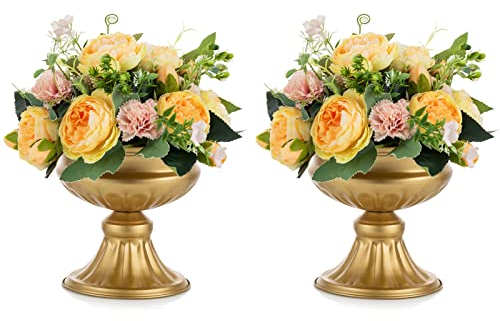 Nuptio Gold Vasen für Mittelstücke Hochzeit - 2 Stück 16.4cm Höhe Metall Urne Vase Elegante Bulk Hochzeit Mittelstücke für Tische Blume Trompete Vase Urnen für Geburtstagsparty Wohndekorationen