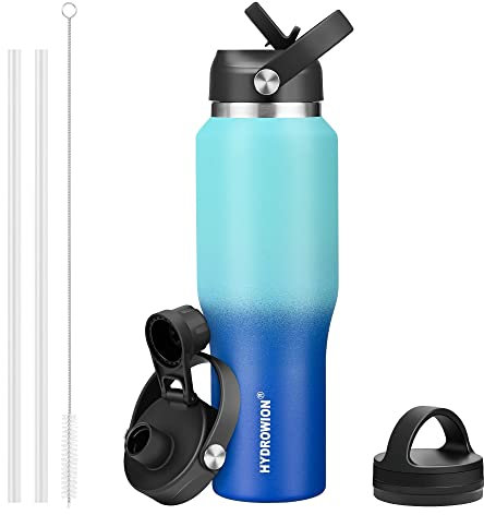 HYDROWION 32oz Water Bottle, Double Wall Vacuum Stainless Steel Insulated Water Flask with Straw Lid, Spout Lid and Flex Cap(Cold for 48 Hrs, Hot for 24 Hrs), Leakproof Travel Thermo Mug, Mint&Cobalt