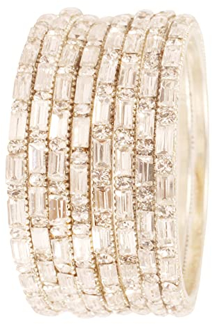 Touchstone NEU Indische Bollywood Traditional Studded Diamond Look Rhinestone Taper Cut Baguette Stein Designer Schmuck Armbänder Armreif Set von 8 in Silber-Ton für Frauen.