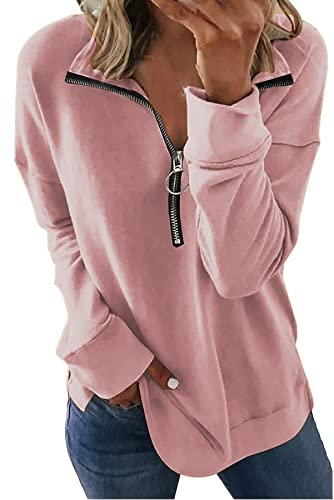 FANGJIN Damen 1/2 Zip Pollover Sweatshirt für Frauen Einfarbig Damen-Sweatshirt mit halbem Plüsch Casual Pullover Einfach Pullover Rosa Tops XL