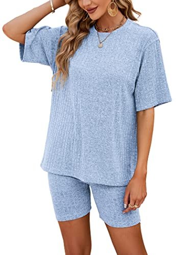 NIUDAU Damen Pyjama Set Drop Shoulder Kurzarmshirt und Shorts Zweiteile Schlafanzug Set Sommer Sleepwear Hausanzug Sets Einfarbig