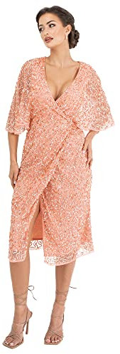 Maya Deluxe Damen Womens Midi Dress Ladies Sequin Embellished Cape Sleeve Wrap for Wedding Guest Bridesmaid Cocktail Prom Evening Kleid, Apricot Blush, 52 EU