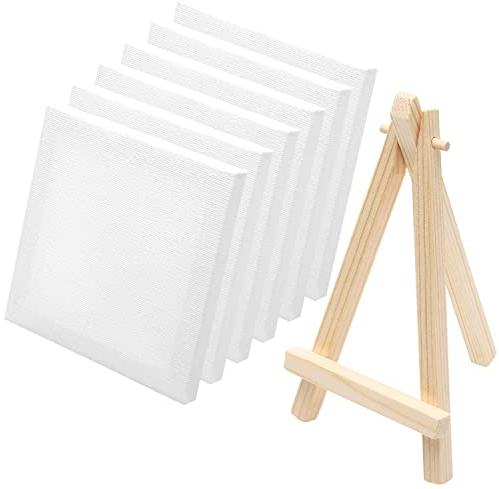 Lot de 6 mini toiles avec 1 mini chevalet, 10 x 10 cm, petites toiles vierges pour peinture à l'huile acrylique et décoration, toiles d'art pour artiste à peindre