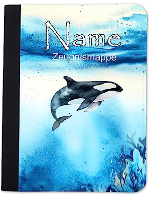Zeugnismappe mit Name | Zeugnismappe personalisiert | mit Klarsichthüllen A4 + | Urkundenmappe | personalisierte Dokumentenmappe m. Platz für U-Heft, Impfpass, Schwimmpass, Fahrradpass (Orca)
