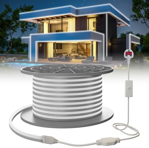 SUCIKORIO Neon Led Strip Light 30m / 98.4ft, Waterproof IP65 Flexible LED Strip Lights Cold White 6000K Cuttable Neon Rope Light 220-240V DIY led Lights with Power Supply for Bedroom, Indoor & Outdoor