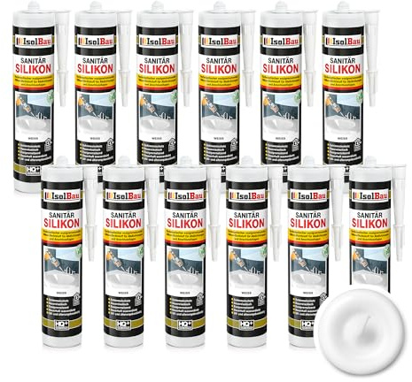 Isolbau Sanitär Silikon 12 x 300 ml Weiß - Hochelastischer Silikon-Dichtstoff für Abdichtungen & Fugen - wasserdicht - Kartusche