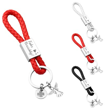 OXYEFEI Personalisiert Schlüsselanhänger Leder, Fahr Vorsichtig Auto Anhänger mit Gravur Geflochten Leder Autoschlüssel Schutzengel Glücksbringer Geschenk für Freundin(Rot)