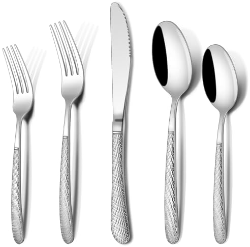 Terlulu Besteck Set 12 Personen, 60-teiliges Edelstahl Besteckset, Gehämmertes Essbesteck Set mit Messer Gabel Löffel, Hochwertiges Edelstahlbesteck, Hochglanzpoliert & Spülmaschinenfest