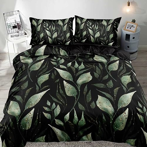 Freyamy 3D Blüten Bettwäsche 135x200cm 2teilig Schwarz Gold Grün Blätter Pflanzen Bettwäsche Romantisch Mädchen Bettwaren-Sets 100% Microfaser Bettbezug mit Reißverschluss und Kissenbezug 80x80cm