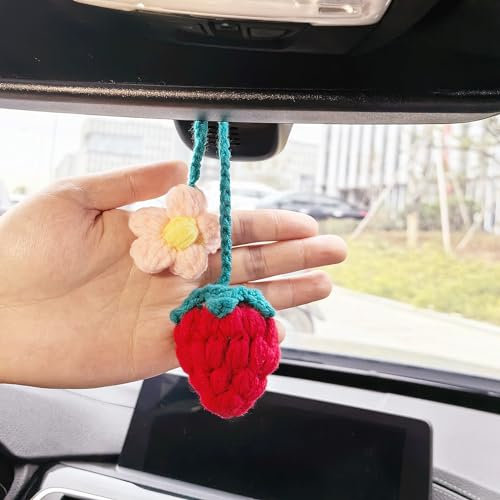 Auto Hängende Ornament, Auto Rückspiegel Hängen Zubehör, Niedliche Rote Erdbeere Auto Zubehör, Häkeln Auto Dekor, Handgestrickte Auto Spiegel Aufhänger