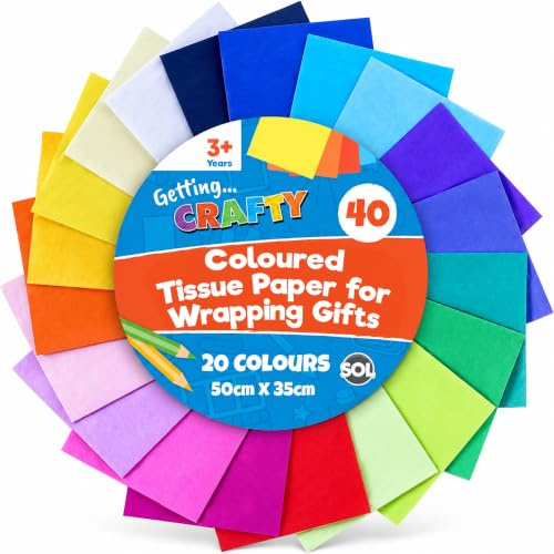 SOL 40pk Coloured Tissue Paper for Wrapping Gifts - Tissue Paper Sheets | Coloured Tissue Paper for Craft - 50 x 35 cm Christmas Gift Tissue Paper Sheets for Packaging, Card Making & Party Decor