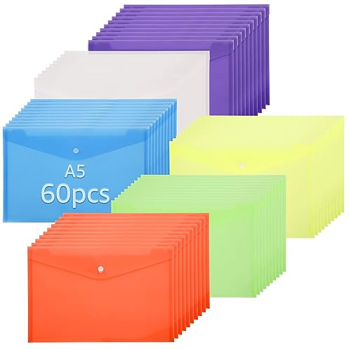 VIDETOL 60 Pièces Pochette Plastique, Pochette avec Bouton Pression, 6 Couleurs Porte Document pour Bureau, l'école, Maison