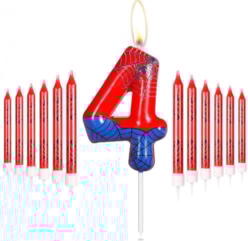 Personalisiertes Happy 4th Birthday Kuchen Kerzen Set, Blau Rot Kerzen mit Spinnennetz, Spinne Nummer 4 Kerzen Kuchen Topper für Kuchen, Spinne Thema Party Kerzen für Jungen Mädchen 4. Geburtstag