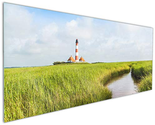 Wallario Küchen-Rückwand | Küchenspiegel Kleiner Bach durch Schilf auf dem Weg zum Leuchtturm in Premium-Qualität: Brillante Farben | abwischbar | pflegeleicht